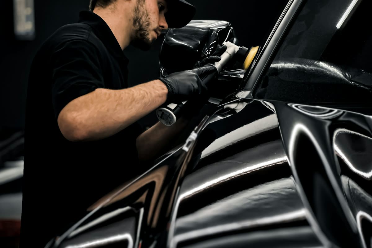 Pulidora trabajando sobre la pintura oscura de una carrocería